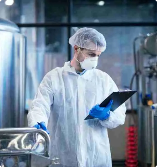 A man in a white coat and mask is holding a tablet, focused on the screen in a clinical setting.